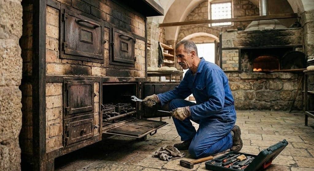 فني محترف يقوم بفحص وصيانة الأفران بدقة وأمان باستخدام أحدث المعدات وقطع الغيار الأصلية ضمن خدمات فني صيانة افران القدس لضمان كفاءة التشغيل وراحة العملاء.