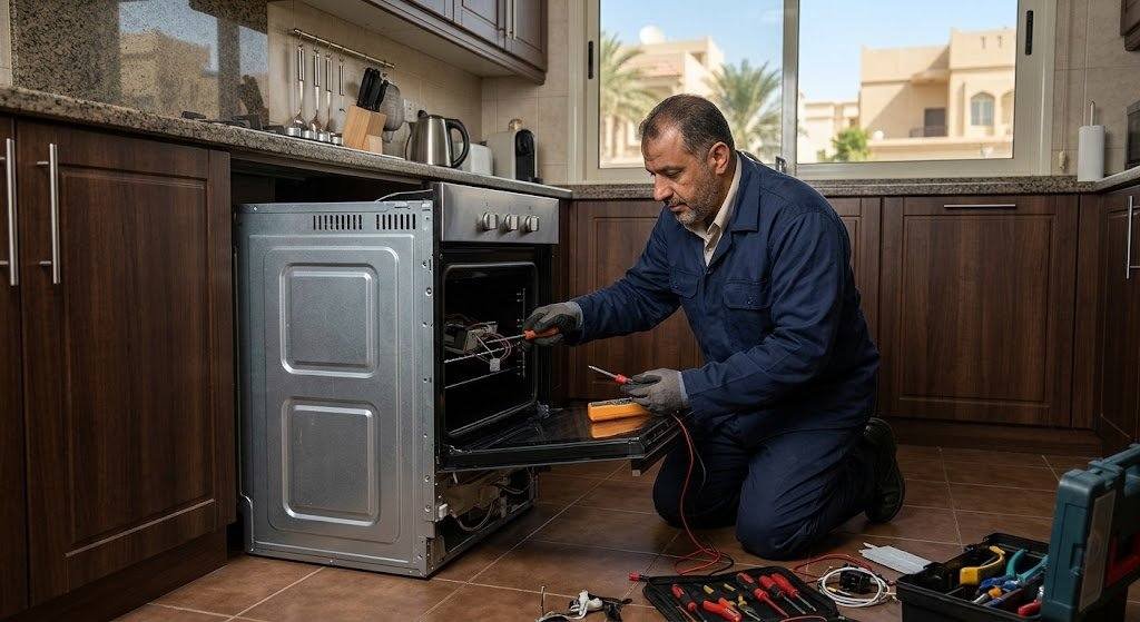 فني محترف يقوم بأعمال فحص وصيانة الأفران بدقة وأمان باستخدام أحدث المعدات وقطع الغيار الأصلية ضمن خدمات تصليح افران الصحافة بالرياض لضمان الأداء المثالي وراحة العملاء.