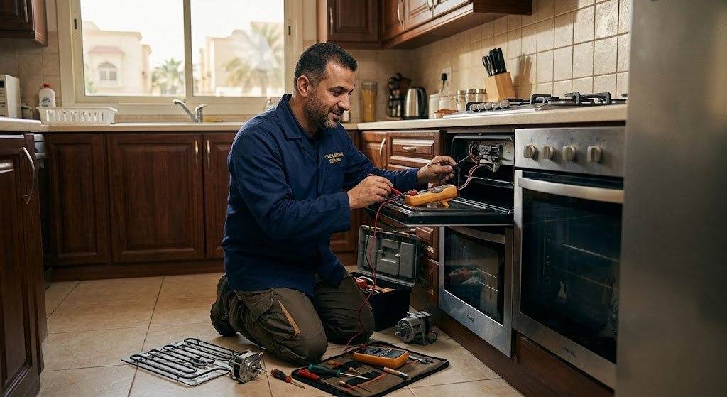 فني محترف يقوم بأعمال فحص وتصليح الأفران بدقة وأمان باستخدام أحدث المعدات وقطع الغيار الأصلية ضمن خدمات شركة تصليح افران بالفلاح لضمان استعادة كفاءة التشغيل وراحة العملاء.