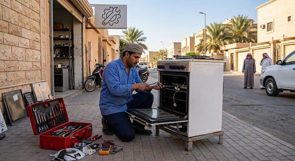 فني محترف يقوم بأعمال فحص وصيانة الأفران بدقة وأمان باستخدام أحدث المعدات وقطع الغيار الأصلية ضمن خدمات تصليح افران النظيم الرياض لضمان كفاءة التشغيل وراحة العملاء.