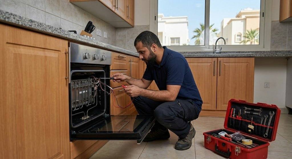 فني محترف يقوم بفحص وصيانة فرن الغاز بدقة وأمان باستخدام أحدث المعدات وأجهزة قياس التسرب ضمن خدمات فني تصليح افران غاز لضمان كفاءة التشغيل وراحة العملاء.