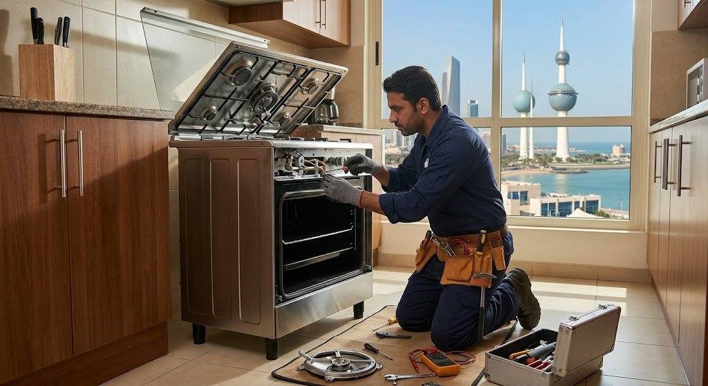 فني صيانة محترف يقوم بفحص وتصليح الأفران بدقة وأمان ضمن خدمات صيانة أفران حي العقيق لضمان استعادة كفاءتها العالية وراحة العملاء.